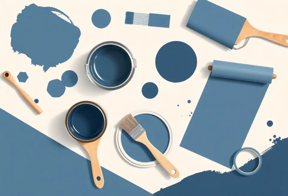 Pots de peinture, nuancier, brosses et rouleaux disposés à plat