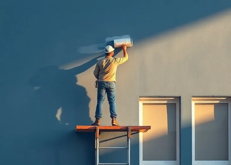Peintre sur échafaudage traitant la façade d'une maison