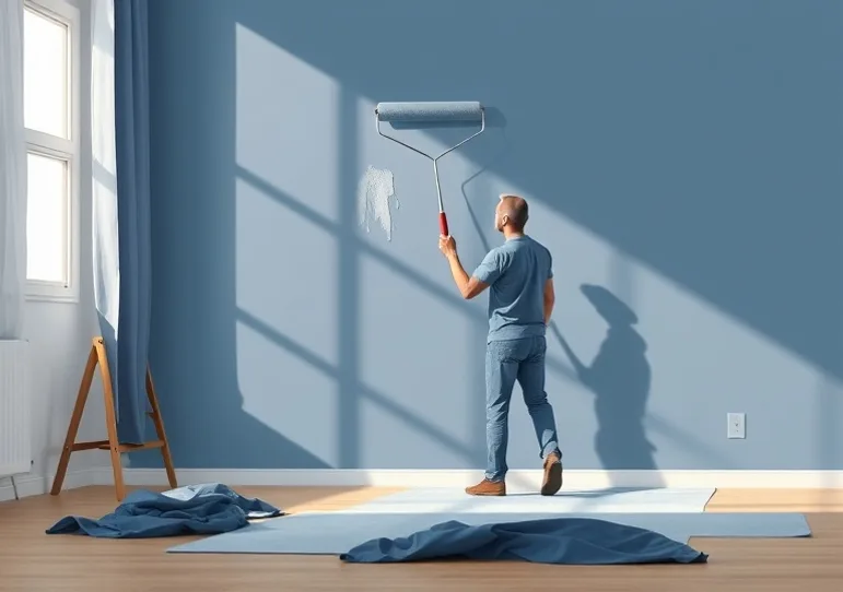 Peintre appliquant la peinture au rouleau sur un mur de salon